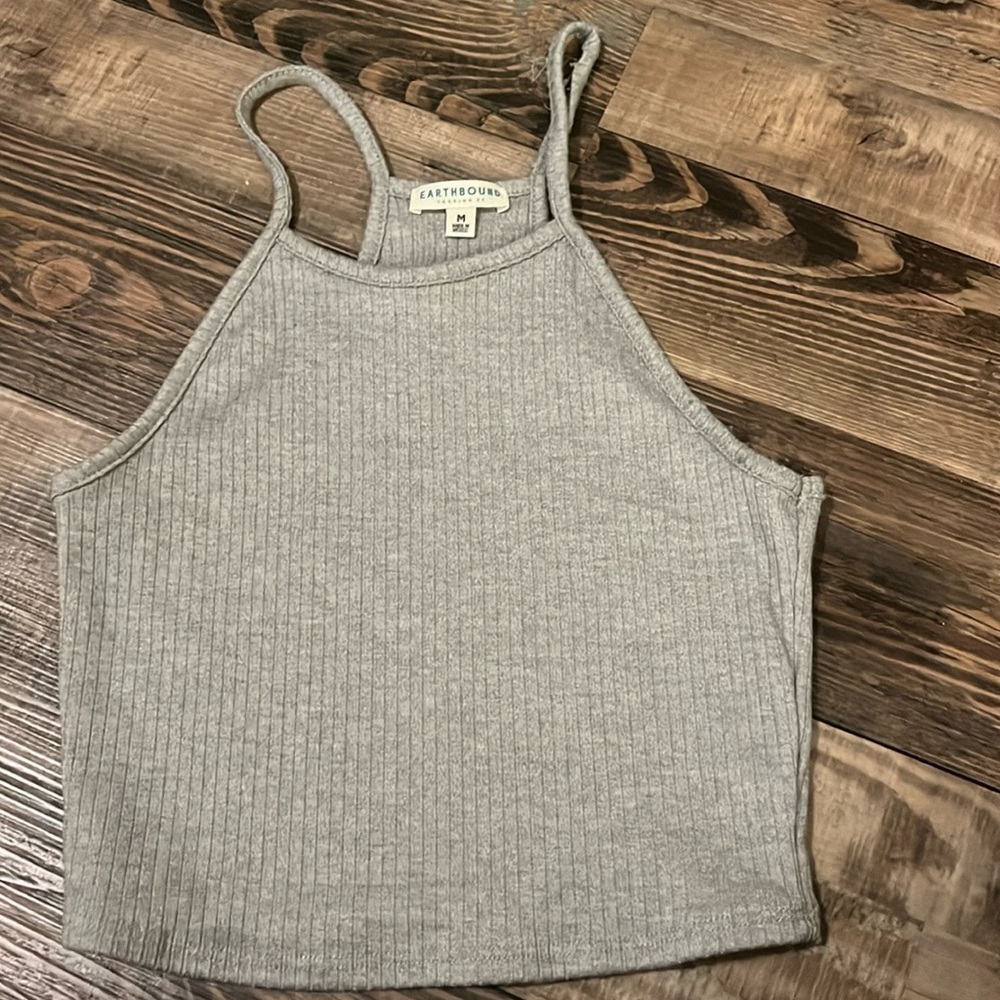 🚨‼️WOMENS EARTHBOUND LIGHT GREY RIBBED CROPPED HALTER TOP‼️🚨